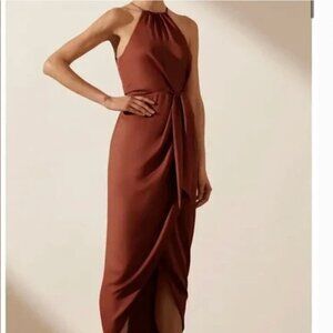 Shona Joy Mocha Brown High Neck Luxe Satin Front Tie Midi Cocktail Dress